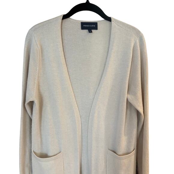 French Curve cashmere beige long sleeve fringe bottom cardigan SIZE M - Picture 2 of 6